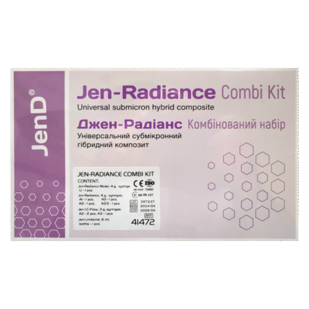 Jen-Radiance 8x Combi Kit (Джен-Радіанс), Н-р: 4 х шпр.4г (A1, A2, A3, A3.5) (+Jen-Radiance Molar(шпр.4г:U)+Jen-LC-Flow (3х шпр.3г:2хA2,A3)+Jen-Unibond(шпр.5г)) - Реставраційний композит, субмікронний (Джендентал-Україна)