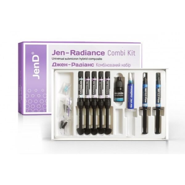 Jen-Radiance 7x Combi Kit (Джен-Радіанс), Н-р: 4 х шпр.4г (A1, A2, A2O, A3) (+Jen-Radiance Molar(шпр.4г:U)+Jen-LC Flow (2х шпр.3г:A2, A3)+Jen-Unibond(флак.6мл)+Phospho-Jen AS(шпр.5мл)) - Реставраційний композит, субмікронний (Джендентал-Україна)