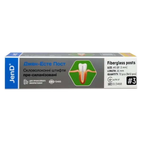 Jen-Esthe Post Pre-Silanized (Джен-Есте Пре-Сіланизовані), 72шт/пак розм.= 3; діам.= 1.3 мм; колір: жовтий - Штифти скловолоконні пре-сіланізовані (Джендентал-Україна)