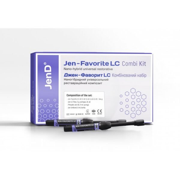 Jen-Favorite Combi Kit (Джен-Фаворіт LC), Н-р: 5 х шпр.4г (A2E, A2D, A3E, A3D, I) (+Jen-LC-Flow(2х шпр.3г:A2,A3)+Jen-Unibond(флак.6мл)+Phospho-Jen AS(шпр.5мл) ) - Реставраційний композит, наногібридний (Джендентал-Україна)